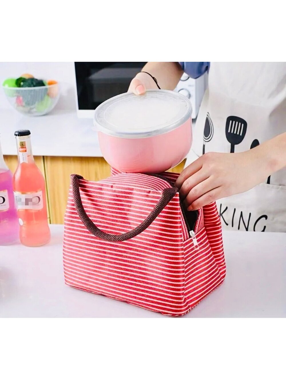 New - Candy Striped Insulated Lunch Bag /Small Tote